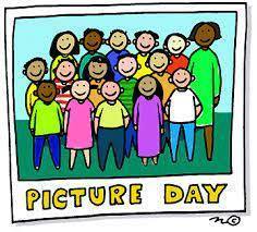 colorful drawing of printed photo of a class of students wearing colored shirts and and the caption picture day written in yellow underneath
