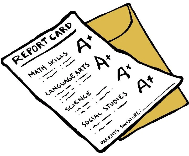 drawing of a report card with all A plus grades on top of a manila folder